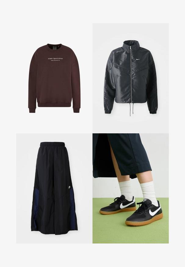 Melna apgriezta jaka ar augstu apkakli, rāvējslēdzēja aizdari, elastīna aprocēm un baltu Nike logo. Gluda, spīdīga auduma ar nedaudz teksturētu virsmu.; Brūns džemperis ar apaļu kakla izgriezumu, garām piedurknēm un ribotām aprocēm. Priekšējais logotipa teksts vēsta "Aim'n Sportswear Sweden New Zealand 2013."; Melni plata kāju bikses no viegla auduma, ar tumši zilu sānu paneli un elastīgu jostu. Mazs balts logotips apakšā.; Melna āda un sintētiska materiāla sporta apavi ar baltu Nike logo, gumijas zole, apaļa purngala forma un melni šņores. Redzamas ribotas baltas zeķes.