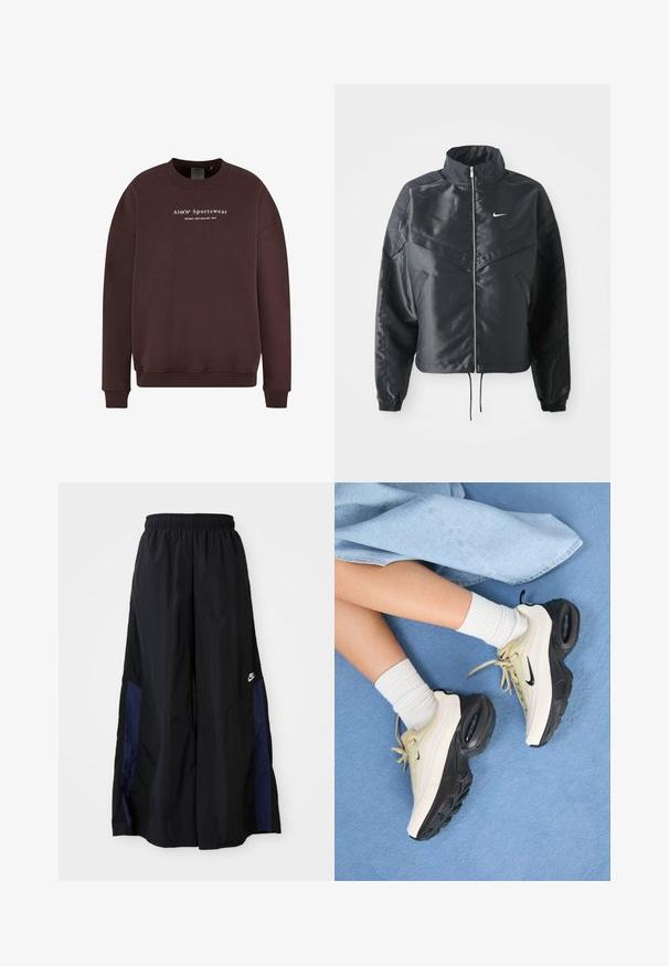 Giacca nera cropped con colletto alto, chiusura a zip, polsini in elastan e logo Nike bianco. Tessuto liscio e lucido con una superficie leggermente texturizzata.; Felpa marrone con collo a giro, maniche lunghe e polsini a costine. Il testo del logo frontale recita "Aim'n Sportswear Sweden New Zealand 2013."; Pantaloni neri a gamba larga realizzati in tessuto leggero, con un pannello laterale blu navy e una cintura elastica. Piccolo logo bianco sul fondo.; Le sneaker Nike Air Max presentano un design beige e nero, con una tomaia liscia, ammortizzazione air visibile e suole in gomma piatta.
