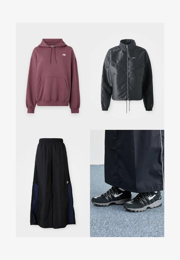 Zwarte cropped jack met hoge kraag, ritsluiting, elastische manchetten en een wit Nike-logo. Glad, glanzend materiaal met een licht gestructureerd oppervlak.; New Balance ATHLETICS CLUB - Sweater - faded plum; Zwarte wijdlopende broek van lichtgewicht stof, met een marineblauwe zijpaneel en een elastische tailleband. Klein wit logo onderaan.; Zwarte atletische schoenen met een gestructureerde bovenkant, zilveren accenten en een gestippelde loopzool, gecombineerd met een zwart lang kledingstuk. Geplaatst op een blauwe vloerbedekking.