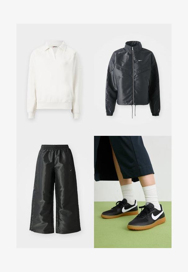 Chaqueta negra corta con cuello alto, cierre de cremallera, puños de elastano y un logo de Nike en blanco. Tejido suave y brillante con una superficie ligeramente texturizada.; Sudadera de cuello redondo en algodón color blanco roto, con cuello tipo polo, mangas largas y dobladillo acanalado. Detalle sutil del logo en el pecho.; Pantalones deportivos negros de tejido brillante y suave, con una cinturilla elástica, pierna ancha y un pequeño logo en el lado izquierdo.; Zapatillas de cuero negro y sintético con el swoosh blanco de Nike, suela de goma, punta redonda y cordones negros. Calcetines blancos acanalados visibles.
