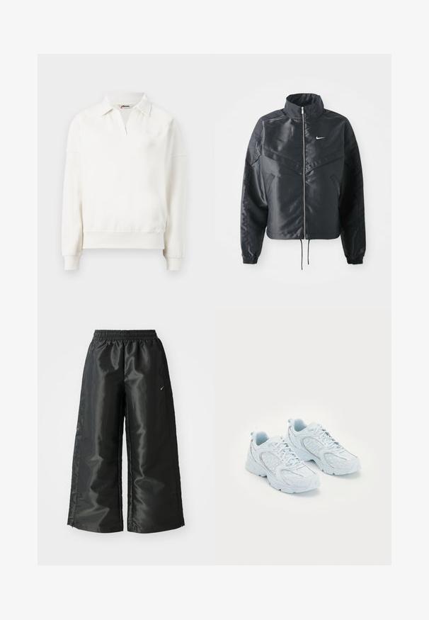 Jachetă croppată neagră cu guler înalt, închidere cu fermoar, manșete din elastan și un logo alb Nike. Material neted, lucios, cu o suprafață ușor texturată.; Pulover cu guler polo, de culoare albă, din bumbac, având mâneci lungi și tiv elastic. Detaliu discret al logo-ului pe piept.; Pantaloni sportivi negri dintr-un material lucios si neted, dotati cu o talie elastica, picioare late si un logo mic pe partea stanga.; Pantofi sport de culoare albastru deschis, cu un superior din plasă și sintetice, având buline albe și accente reflective, design cu șireturi și tălpi căptușite.