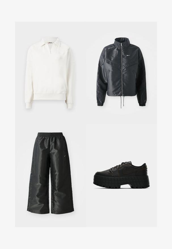 Čierna skrátená bunda s vysokým golierom, zipsovým uzatváraním, elastickými manžetami a bielym logom Nike. Hladká, lesklá tkanina s mierne textúrovaným povrchom.; Pulóver s okrúhlym výstrihom v off-white bavlne, s polo golierom, dlhými rukávmi a rebrovaným lemom. Diskrétny detail loga na hrudi.; Čierne športové nohavice s lesklým, hladkým materiálom, ktoré majú elastický pás, široké nohavice a malé logo na ľavej strane.; Čierne kožené tenisky Nike s hrubou, textúrovanou platformovou podrážkou a hnedým prešívaním na jednoduchom bielom pozadí.