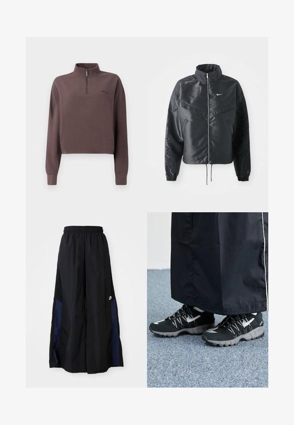 Zwarte cropped jack met hoge kraag, ritsluiting, elastische manchetten en een wit Nike-logo. Glad, glanzend materiaal met een licht gestructureerd oppervlak.; Geknipte, lang mouw pullover in donker mauve geribbeld materiaal met een kwart rits en een klein merkenlogo op de borst. Zachte textuur.; Zwarte wijdlopende broek van lichtgewicht stof, met een marineblauwe zijpaneel en een elastische tailleband. Klein wit logo onderaan.; Zwarte atletische schoenen met een gestructureerde bovenkant, zilveren accenten en een gestippelde loopzool, gecombineerd met een zwart lang kledingstuk. Geplaatst op een blauwe vloerbedekking.