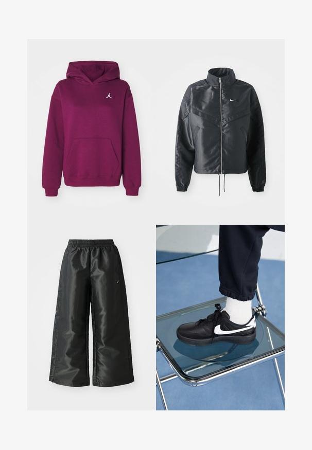 Černá zkrácená bunda s vysokým límcem, zipovým zapínáním, elastickými manžetami a bílým logem Nike. Hladká, lesklá látka s mírně strukturovaným povrchem.; Jordan Mikina - bordeaux; Černé sportovní kalhoty z lesklé, hladké látky, s elastickým páskem, širokými nohavicemi a malým logem na levé straně.; Černé tenisky Nike s bílými akcenty, s hladkou koženou texturou, šněrovacím designem a zaoblenou špičkou, umístěné na skleněné židli.