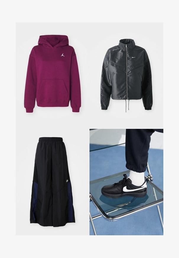 Giacca nera cropped con colletto alto, chiusura a zip, polsini in elastan e logo Nike bianco. Tessuto liscio e lucido con una superficie leggermente texturizzata.; Jordan Felpa con cappuccio - bordeaux; Pantaloni neri a gamba larga realizzati in tessuto leggero, con un pannello laterale blu navy e una cintura elastica. Piccolo logo bianco sul fondo.; Sneakers Nike neri con accenti bianchi, caratterizzati da una superficie in pelle liscia, design con lacci e punta rotonda, posizionati su una sedia di vetro.