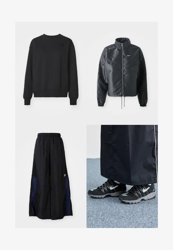 Casaco preto curto com colarinho alto, fecho de zip, punhos em elastano e um logótipo Nike branco. Tecido suave e brilhante com uma superfície ligeiramente texturizada.; Sweatshirt preto com gola redonda, punhos e bainha canelados. Feito de um tecido macio, apresenta um pequeno logo texturizado no lado esquerdo do peito.; Calças largas pretas feitas de tecido leve, com um painel lateral azul-marinho e cintura elástica. Pequeno logótipo branco na parte inferior.; Tênis atléticos pretos com um cabedal texturizado, detalhes prateados e um solado estampado, combinados com uma peça longa preta. Ambientado sobre um tapete azul.
