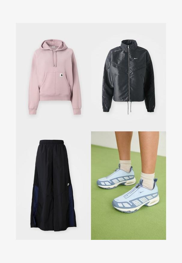 Svart cropped jakke med høy krage, glidelåsåpning, elastiske mansjetter og en hvit Nike-logo. Glatt, shiny stoff med en lett teksturert overflate.; Lys rosa hettegenser laget av myk bomullsmiks, med en stor frontlomme, snøring i hetten og ribbestrikkede ermer. Enkel design med en logoetikett.; Svarte vide bukser laget av lett stoff, med et marineblått sidestykke og elastisk midjebånd. Liten hvit logo nederst.; Lyseblå treningssko med hvite detaljer, strukturerte paneler og glidelås. Har en synlig luftputesåle og gummisåle.