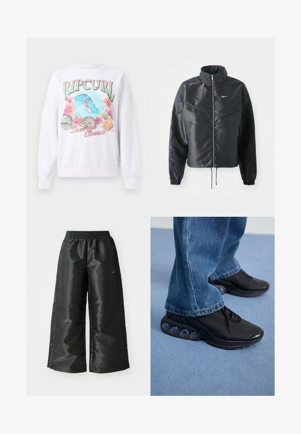 Chaqueta negra corta con cuello alto, cierre de cremallera, puños de elastano y un logo de Nike en blanco. Tejido suave y brillante con una superficie ligeramente texturizada.; Sudadera blanca con un estampado gráfico colorido que incluye "Ripcurl" en la parte superior, flores tropicales y una escena de surf. Ajuste de estilo clásico.; Pantalones deportivos negros de tejido brillante y suave, con una cinturilla elástica, pierna ancha y un pequeño logo en el lado izquierdo.; Zapatillas deportivas negras con parte superior de malla, acentos texturizados y cápsulas de amortiguación de aire visibles en la suela. Combinadas con jeans de mezclilla azul.
