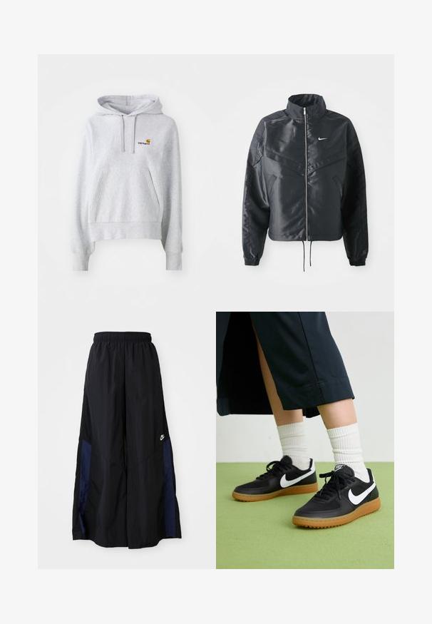 Veste noire courte avec col haut, fermeture éclair, poignets en élasthanne et logo Nike blanc. Tissu lisse et brillant avec une surface légèrement texturée.; Sweat à capuche gris clair en mélange de coton, avec une poche kangourou à l'avant et un petit logo brodé sur la poitrine.; Pantalons larges noirs en tissu léger, avec un panneau latéral bleu marine et une taille élastique. Petit logo blanc en bas.; Baskets noires en cuir et synthétique avec le swoosh blanc de Nike, semelle en caoutchouc, bout rond et lacets noirs. Chaussettes blanches côtelées visibles.