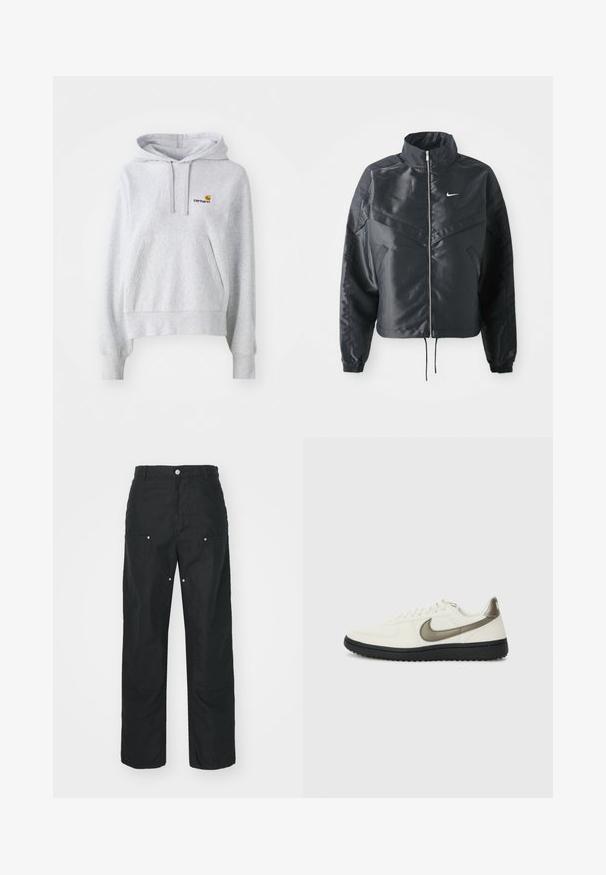 Giacca nera cropped con colletto alto, chiusura a zip, polsini in elastan e logo Nike bianco. Tessuto liscio e lucido con una superficie leggermente texturizzata.; Felpa con cappuccio grigio chiaro realizzata in tessuto misto cotone, con una tasca a marsupio frontale e un piccolo logo ricamato sul petto.; Pantaloni neri con design a gamba dritta, realizzati in un tessuto texturizzato. Presentano dettagli decorativi in argento e una cucitura unica.; Nike Sportswear FIELD GENERAL - Sneakers basse - off-white/black