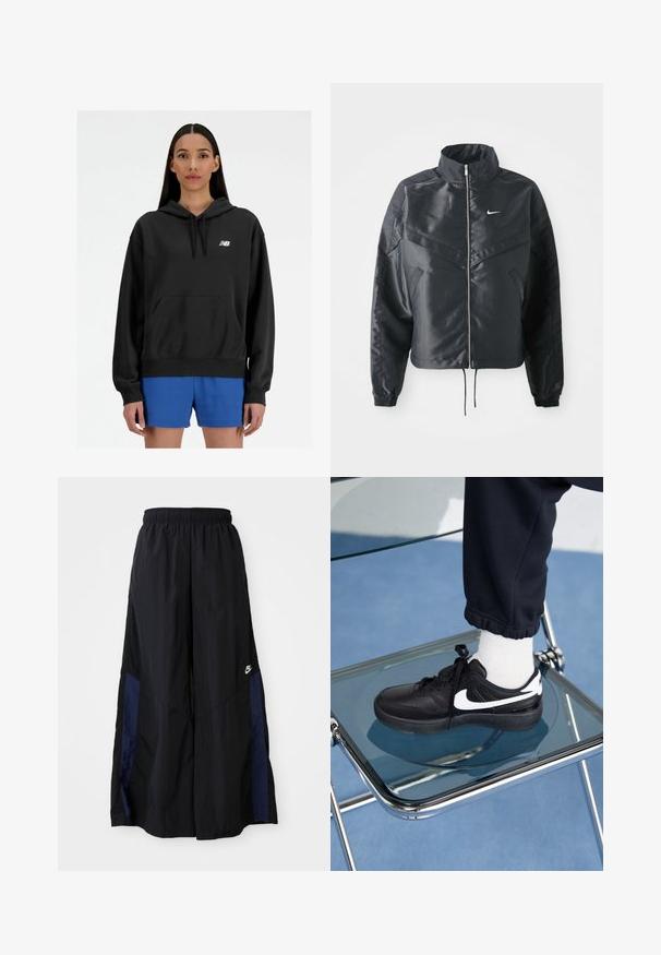 Czarna krótka kurtka z wysokim kołnierzem, zamek błyskawiczny, ściągacze z elastanu i białe logo Nike. Gładki, błyszczący materiał o lekko teksturowanej powierzchni.; Czarna bluza z kapturem i kieszenią z przodu, z prążkowanymi mankietami oraz białym logo New Balance. Nosi na sobie niebieskie szorty. Gładka tekstura.; Czarne spodnie szerokie wykonane z lekkiego materiału, z granatowym bocznym panelem i elastycznym paskiem w talii. Małe białe logo na dole.; Czarne sneakersy Nike z białymi akcentami, charakteryzujące się gładką skórzaną teksturą, zawiązywaną konstrukcją i zaokrąglonym noskiem, umieszczone na szklanym krześle.
