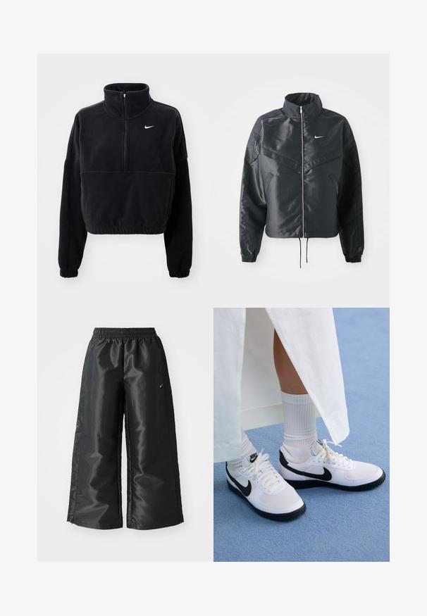Chaqueta negra corta con cuello alto, cierre de cremallera, puños de elastano y un logo de Nike en blanco. Tejido suave y brillante con una superficie ligeramente texturizada.; Nike Performance ONE - Suéter de forro polar - black/white; Pantalones deportivos negros de tejido brillante y suave, con una cinturilla elástica, pierna ancha y un pequeño logo en el lado izquierdo.; Zapatillas Nike blancas con acentos negros, que presentan un upper de cuero suave, cordones blancos y suelas de goma resistentes, combinadas con calcetines blancos acanalados.