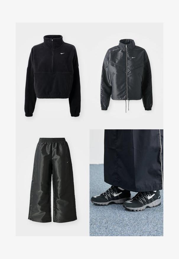 Giacca nera cropped con colletto alto, chiusura a zip, polsini in elastan e logo Nike bianco. Tessuto liscio e lucido con una superficie leggermente texturizzata.; Nike Performance ONE - Felpa in pile - black/white; Pantaloni sportivi neri con un tessuto lucido e morbido, dotati di una vita elasticizzata, gambe larghe e un piccolo logo sul lato sinistro.; Scarpe sportive nere con tomaia testurizzata, dettagli argentati e suola con motivo, abbinate a un lungo indumento nero. Ambientate su un tappeto blu.