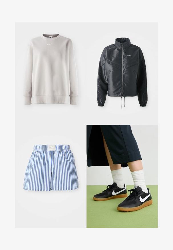 Casaco preto curto com colarinho alto, fecho de zip, punhos em elastano e um logótipo Nike branco. Tecido suave e brilhante com uma superfície ligeiramente texturizada.; Sweatshirt cinza claro com gola redonda, mangas longas, punhos e barra canelados. Apresenta um pequeno logo branco da Nike no peito. Textura suave.; Calções listrados em azul e branco com um cós elástico e uma etiqueta com o logotipo da Nike. Feitos de tecido leve com uma textura suave.; Sapatilhas pretas em couro e sintético com o logo da Nike em branco, sola de borracha tipo goma, bico redondo e atacadores pretos. Meias brancas com frunces visíveis.