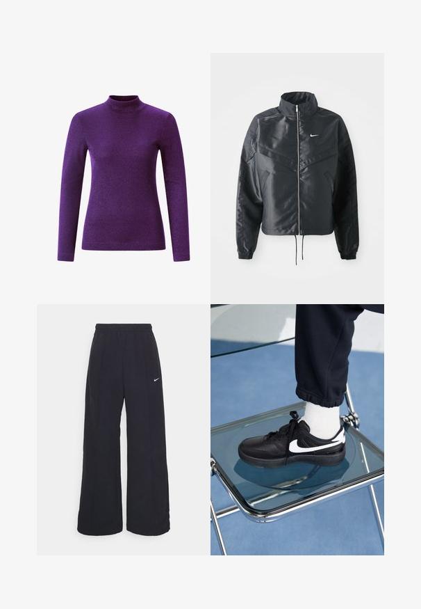 Zwarte cropped jack met hoge kraag, ritsluiting, elastische manchetten en een wit Nike-logo. Glad, glanzend materiaal met een licht gestructureerd oppervlak.; Paarse lange mouw coltrui gemaakt van een textuurstof met glans, met een getailleerd ontwerp en een hoge halslijn.; Zwarte wijde broek met een elastische tailleband en een klein wit Nike-logo. De stof heeft een soepele textuur, ontworpen voor comfort en casual gebruik.; Zwarte Nike sneakers met witte accenten, met een gladde leren textuur, vetersluiting en ronde neus, geplaatst op een glazen stoel.