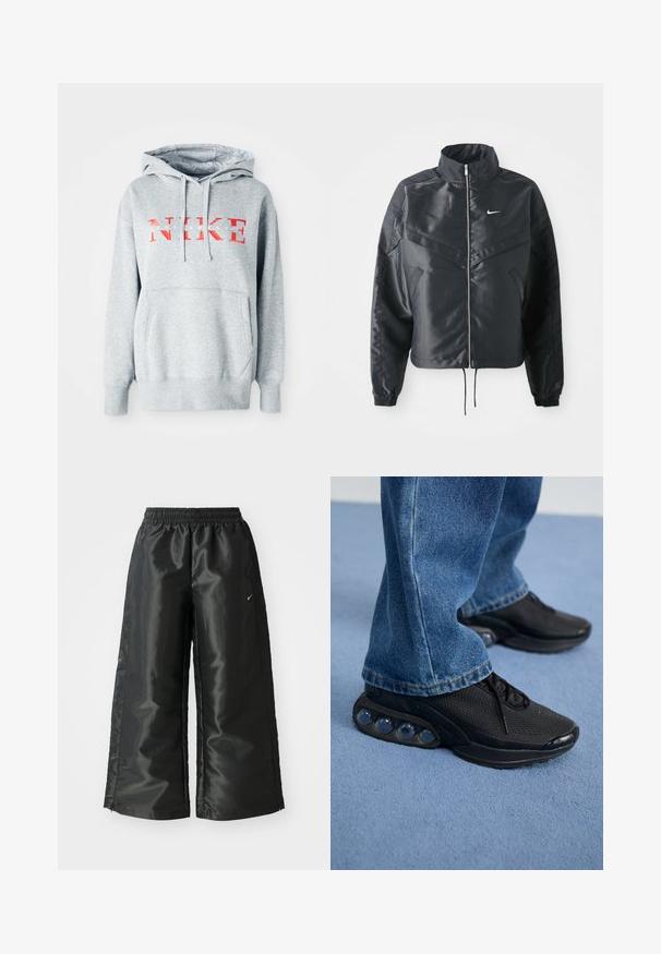 Casaco preto curto com colarinho alto, fecho de zip, punhos em elastano e um logótipo Nike branco. Tecido suave e brilhante com uma superfície ligeiramente texturizada.; Sweatshirt cinzento com capuz, apresentando "NIKE" em texto vermelho em negrito e "SPORTSWEAR" em texto branco menor. Inclui um bolso canguru à frente.; Calças atléticas pretas com um tecido brilhante e suave, apresentando uma cintura elástica, pernas largas e um pequeno logotipo do lado esquerdo.; Ténis atléticos pretos com parte superior em malha, detalhes texturizados e almofadas de amortecimento de ar visíveis na sola. Usados com uns jeans de ganga azuis.