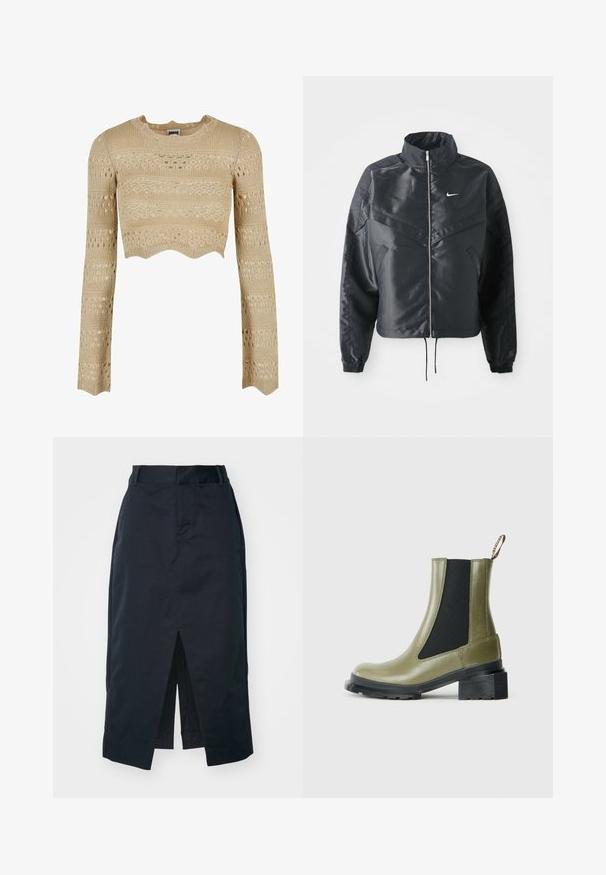 Jachetă croppată neagră cu guler înalt, închidere cu fermoar, manșete din elastan și un logo alb Nike. Material neted, lucios, cu o suprafață ușor texturată.; Crop top bej tricotat cu mâneci lungi, având un tiv cu dantelă, modele texturate și detalii de lucru deschis în întreaga confectionare.; Fustă midi de culoare bleumarin închis, realizată dintr-un amestec de bumbac, având o fanta frontală, fermoar ascuns și buzunare laterale pentru funcționalitate.; Botine verzi din piele cu panouri laterale elastice și duză de prindere, având un toc gros negru și o talpă texturată din cauciuc.