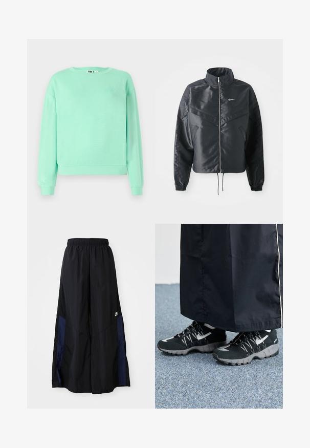 Schwarze, verkürzte Jacke mit hohem Kragen, Reißverschluss, Elastan-Ärmeln und einem weißen Nike-Logo. Glattes, glänzendes Material mit leicht strukturiertem Oberflächeneffekt.; Mintgrüner Pullover, Rundhalsausschnitt, lange Ärmel, gerippte Bündchen, weicher Stoff, mit einem dezenten gestickten Design auf der Brust.; Schwarze weit geschnittene Hose aus leichtem Stoff, mit einem dunkelblauen Seitenpanel und einem elastischen Bund. Kleines weißes Logo am unteren Ende.; Schwarze Sportschuhe mit einer strukturierten Oberseite, silbernen Akzenten und einer gemusterten Außensohle, kombiniert mit einem schwarzen langen Kleidungsstück. Auf einem blauen Teppich drapiert.