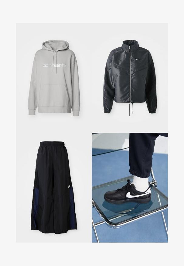 Schwarze, verkürzte Jacke mit hohem Kragen, Reißverschluss, Elastan-Ärmeln und einem weißen Nike-Logo. Glattes, glänzendes Material mit leicht strukturiertem Oberflächeneffekt.; Carhartt WIP HOODED - Sweatshirt - basalt/white; Schwarze weit geschnittene Hose aus leichtem Stoff, mit einem dunkelblauen Seitenpanel und einem elastischen Bund. Kleines weißes Logo am unteren Ende.; Schwarze Nike-Sneaker mit weißen Akzenten, die über eine glatte Ledertextur, ein Schnürdesign und eine abgerundete Zehenform verfügen, platziert auf einem Glasstuhl.