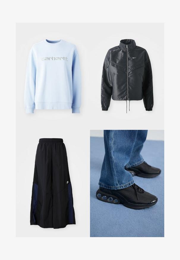 Casaco preto curto com colarinho alto, fecho de zip, punhos em elastano e um logótipo Nike branco. Tecido suave e brilhante com uma superfície ligeiramente texturizada.; Um sweatshirt de gola redonda azul claro feito de um tecido suave, com um destacável logotipo "carhartt" bordado em prata na frente.; Calças largas pretas feitas de tecido leve, com um painel lateral azul-marinho e cintura elástica. Pequeno logótipo branco na parte inferior.; Ténis atléticos pretos com parte superior em malha, detalhes texturizados e almofadas de amortecimento de ar visíveis na sola. Usados com uns jeans de ganga azuis.