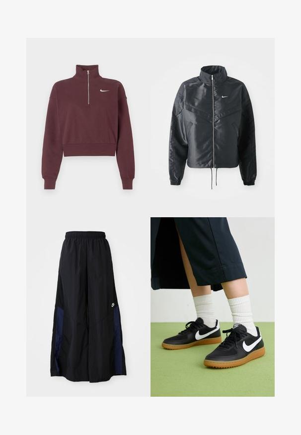 Casaco preto curto com colarinho alto, fecho de zip, punhos em elastano e um logótipo Nike branco. Tecido suave e brilhante com uma superfície ligeiramente texturizada.; Sweatshirt maroon de fecho éclair com colarinho alto, design curto, punhos e bainha em malha, apresentando um logo branco da Nike no peito.; Calças largas pretas feitas de tecido leve, com um painel lateral azul-marinho e cintura elástica. Pequeno logótipo branco na parte inferior.; Sapatilhas pretas em couro e sintético com o logo da Nike em branco, sola de borracha tipo goma, bico redondo e atacadores pretos. Meias brancas com frunces visíveis.