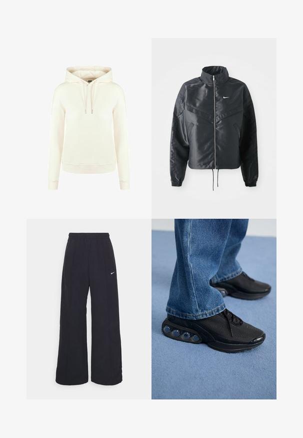 Black cropped jacket with high collar, zip closure, elastane cuffs, and a white Nike logo. Smooth, shiny fabric with a slightly textured surface.; Hooded sweatshirt in off-white, made from soft fabric. Features drawstrings with metal tips, ribbed cuffs, and a relaxed fit.; Black wide-leg pants with an elastic waistband and a small white Nike logo. Fabric has a smooth texture, designed for comfort and casual wear.; Black athletic sneakers with mesh upper, textured accents, and visible air cushioning pods in the sole. Worn with blue denim jeans.