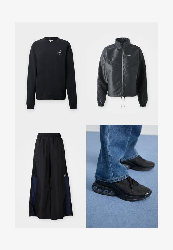 Casaco preto curto com colarinho alto, fecho de zip, punhos em elastano e um logótipo Nike branco. Tecido suave e brilhante com uma superfície ligeiramente texturizada.; Sweatshirt preto, material de algodão, decote arredondado, mangas longas, punhos canelados, apresentando detalhe do logótipo branco no lado esquerdo do peito. Textura suave, design minimalista.; Calças largas pretas feitas de tecido leve, com um painel lateral azul-marinho e cintura elástica. Pequeno logótipo branco na parte inferior.; Ténis atléticos pretos com parte superior em malha, detalhes texturizados e almofadas de amortecimento de ar visíveis na sola. Usados com uns jeans de ganga azuis.