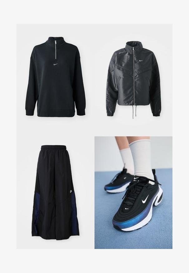 Melna apgriezta jaka ar augstu apkakli, rāvējslēdzēja aizdari, elastīna aprocēm un baltu Nike logo. Gluda, spīdīga auduma ar nedaudz teksturētu virsmu.; Melnā Nike džemperis ar augstu rāvējslēdzēju, gariem piedurknēm un mazu sudraba logotipu uz krūškurvja. Izgatavots no mīksta, teksturēta auduma.; Melni plata kāju bikses no viegla auduma, ar tumši zilu sānu paneli un elastīgu jostu. Mazs balts logotips apakšā.; Melnie Nike sporta apavi ar gludu auduma virsmu, argradienta zilu uz melnu dizainu, balta zole un izteiksmīgi logotipa akcenti.