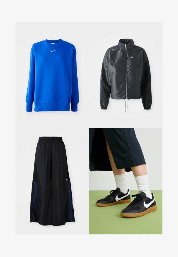 Casaco preto curto com colarinho alto, fecho de zip, punhos em elastano e um logótipo Nike branco. Tecido suave e brilhante com uma superfície ligeiramente texturizada.; Sweatshirt azul em tecido polar com punhos e bainha canelados. Apresenta um pequeno logo branco da Nike no peito. Design clássico com gola redonda.; Calças largas pretas feitas de tecido leve, com um painel lateral azul-marinho e cintura elástica. Pequeno logótipo branco na parte inferior.; Sapatilhas pretas em couro e sintético com o logo da Nike em branco, sola de borracha tipo goma, bico redondo e atacadores pretos. Meias brancas com frunces visíveis.