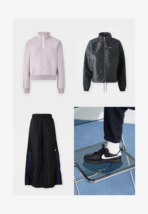 Giacca nera cropped con colletto alto, chiusura a zip, polsini in elastan e logo Nike bianco. Tessuto liscio e lucido con una superficie leggermente texturizzata.; Pullover in pile di lavanda con zip a metà sul davanti, colletto alto, polsini e orlo a coste, e piccolo logo bianco sul petto, disposto su sfondo bianco.; Pantaloni neri a gamba larga realizzati in tessuto leggero, con un pannello laterale blu navy e una cintura elastica. Piccolo logo bianco sul fondo.; Sneakers Nike neri con accenti bianchi, caratterizzati da una superficie in pelle liscia, design con lacci e punta rotonda, posizionati su una sedia di vetro.