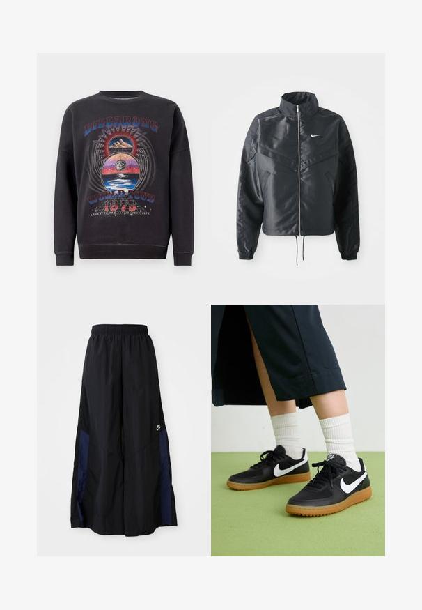 Juoda trumpa striukė su aukštu coloru, užtrauktuku, elastaniniu rankogaliu ir balta Nike logotipu. Lygus, blizgus audinys su šiek tiek tekstūruotu paviršiumi.; Juodas džemperis su grafiniu dizainu, kuriame yra "BILLABONG WORLD TOUR 1973" tekstas, kalnai ir dangaus elementai keliomis spalvomis.; Juodos plačios kojų kelnės, pagamintos iš lengvos medžiagos, su tamsiai mėlyna šonine juostele ir elastinga juosmens juosta. Maža balta logotipo etikete apačioje.; Juodos odinės ir sintetinių medžiagų sportbačiai su balta Nike swoosh, guminis padas, apvalus pirštas ir juodi raišteliai. Matomos banguotos baltos kojinės.