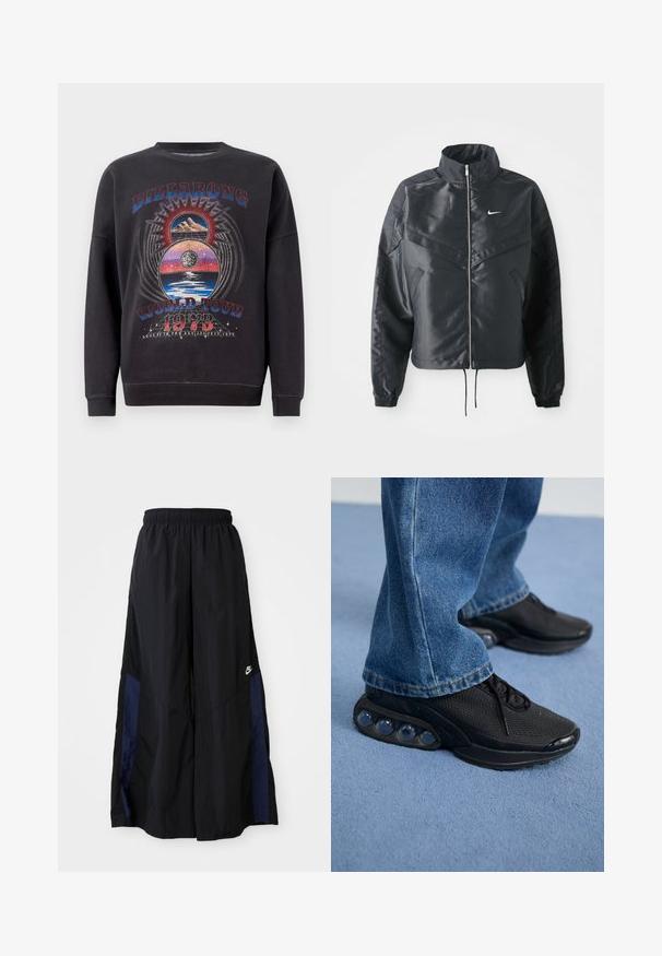 Casaco preto curto com colarinho alto, fecho de zip, punhos em elastano e um logótipo Nike branco. Tecido suave e brilhante com uma superfície ligeiramente texturizada.; Sweatshirt preto com um design gráfico que apresenta o texto "BILLABONG WORLD TOUR 1973", montanhas e elementos celestiais em várias cores.; Calças largas pretas feitas de tecido leve, com um painel lateral azul-marinho e cintura elástica. Pequeno logótipo branco na parte inferior.; Ténis atléticos pretos com parte superior em malha, detalhes texturizados e almofadas de amortecimento de ar visíveis na sola. Usados com uns jeans de ganga azuis.