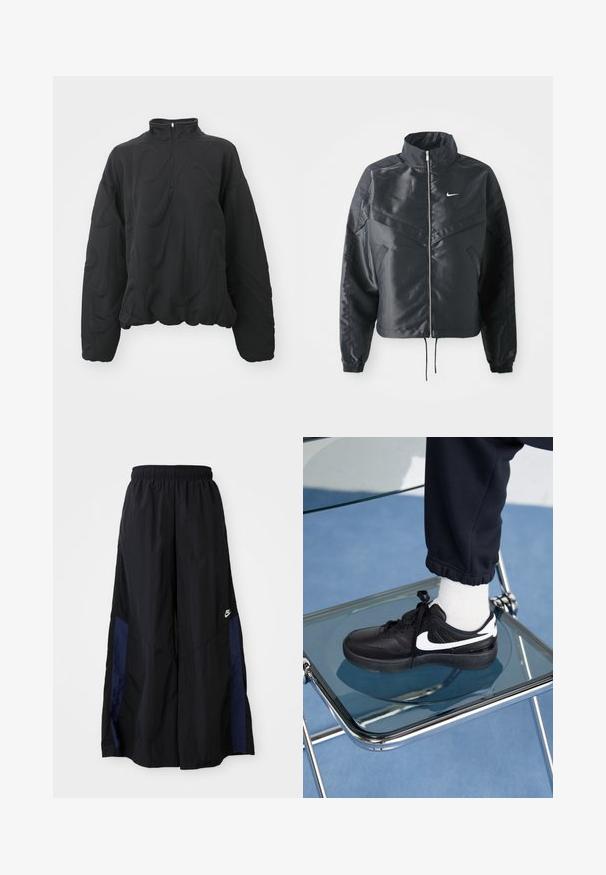Black cropped jacket with high collar, zip closure, elastane cuffs, and a white Nike logo. Smooth, shiny fabric with a slightly textured surface.; Nike Sportswear COZY LOGO - Sweatshirt - black; Black wide-leg pants made of lightweight fabric, featuring a navy blue side panel and an elastic waistband. Small white logo on bottom.; Black Nike sneakers with white accents, featuring a smooth leather texture, lace-up design, and rounded toe, positioned on a glass chair.