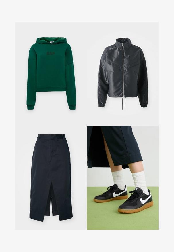 Black cropped jacket with high collar, zip closure, elastane cuffs, and a white Nike logo. Smooth, shiny fabric with a slightly textured surface.; Green hoodie with a kangaroo pocket, ribbed cuffs, and hem. Features "GAP" logo in dark brown on the front. Soft fabric texture.; Dark navy midi skirt made of cotton blend fabric, featuring a front slit, concealed zipper, and side pockets for functionality.; Black leather and synthetic sneakers with white Nike swoosh, rubber gum sole, round toe, and black laces. Ribbed white socks visible.
