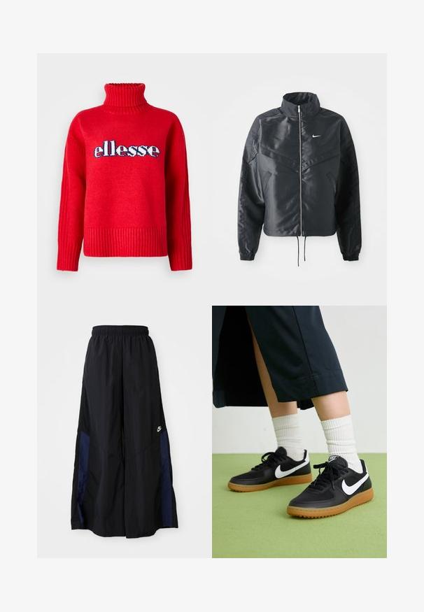 Juoda trumpa striukė su aukštu coloru, užtrauktuku, elastaniniu rankogaliu ir balta Nike logotipu. Lygus, blizgus audinys su šiek tiek tekstūruotu paviršiumi.; Raudonas megztinis su aukšta įlinkta apykakle. Apatinėje dalyje ir rankogaliuose yra horizontalių įlinkimų. "ellesse" logotipas aiškiai matomas mėlynos ir baltos spalvų kombinacijoje.; Juodos plačios kojų kelnės, pagamintos iš lengvos medžiagos, su tamsiai mėlyna šonine juostele ir elastinga juosmens juosta. Maža balta logotipo etikete apačioje.; Juodos odinės ir sintetinių medžiagų sportbačiai su balta Nike swoosh, guminis padas, apvalus pirštas ir juodi raišteliai. Matomos banguotos baltos kojinės.