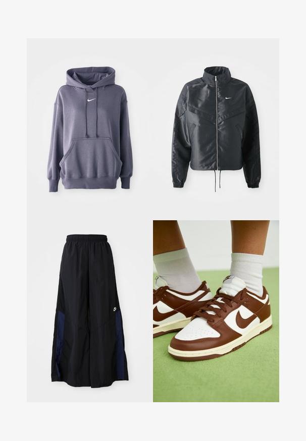 Juoda trumpa striukė su aukštu coloru, užtrauktuku, elastaniniu rankogaliu ir balta Nike logotipu. Lygus, blizgus audinys su šiek tiek tekstūruotu paviršiumi.; Pilkas gobtuvas su priekinėmis kengūros kišenėmis, su raišteliu reguliuojamu gobtuvu ir baltu logotipu ant krūtinės. Medžiaga atrodo minkšta ir tekstūruota. Surišti rankogaliai ir apačia.; Juodos plačios kojų kelnės, pagamintos iš lengvos medžiagos, su tamsiai mėlyna šonine juostele ir elastinga juosmens juosta. Maža balta logotipo etikete apačioje.; Rudos ir baltos odinės sportbačiai su perforuota pirštyne, tekstūruotais akcentais ir plokščiomis raištelėmis. Modelis turi žemą viršutinę dalį ir guminį pado.