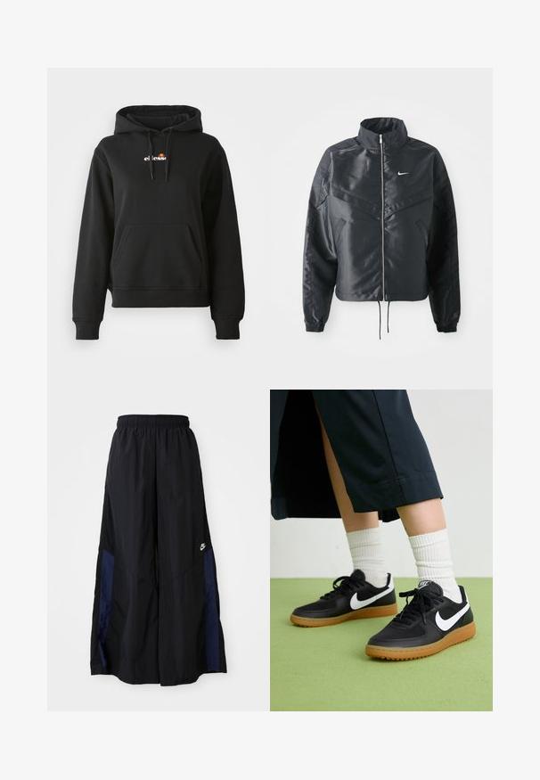 Casaco preto curto com colarinho alto, fecho de zip, punhos em elastano e um logótipo Nike branco. Tecido suave e brilhante com uma superfície ligeiramente texturizada.; Sweatshirt preta com bolso frontal, capuz com cordão e um pequeno logótipo colorido ao nível do peito. Feita de um tecido liso e suave com punhos canelados.; Calças largas pretas feitas de tecido leve, com um painel lateral azul-marinho e cintura elástica. Pequeno logótipo branco na parte inferior.; Sapatilhas pretas em couro e sintético com o logo da Nike em branco, sola de borracha tipo goma, bico redondo e atacadores pretos. Meias brancas com frunces visíveis.