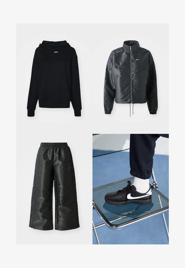 Giacca nera cropped con colletto alto, chiusura a zip, polsini in elastan e logo Nike bianco. Tessuto liscio e lucido con una superficie leggermente texturizzata.; Felpa nera con cappuccio in cotone, caratterizzata da una texture morbida, vestibilità comoda e un piccolo logo dorato "BOSS" sul petto.; Pantaloni sportivi neri con un tessuto lucido e morbido, dotati di una vita elasticizzata, gambe larghe e un piccolo logo sul lato sinistro.; Sneakers Nike neri con accenti bianchi, caratterizzati da una superficie in pelle liscia, design con lacci e punta rotonda, posizionati su una sedia di vetro.
