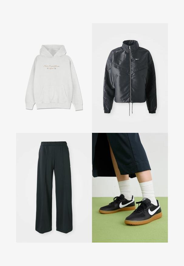 Svart cropped jakke med høy krage, glidelåsåpning, elastiske mansjetter og en hvit Nike-logo. Glatt, shiny stoff med en lett teksturert overflate.; Lys grå hettegenser laget av mykt stoff med frontlomme. Har kursiv tekst og blomstermotiver på brystområdet.; Sorte, vide treningsbukser med elastisk midje. Laget av glatt, elastisk stoff, med subtile front sømmar og utan lommer.; Sorte lær- og syntetiske joggesko med hvit Nike swoosh, gummisåle, rund tå og sorte lisser. Ribbet hvite sokker synlige.