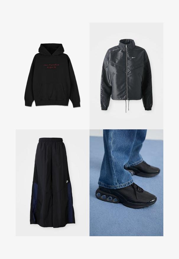 Giacca nera cropped con colletto alto, chiusura a zip, polsini in elastan e logo Nike bianco. Tessuto liscio e lucido con una superficie leggermente texturizzata.; Felpa nera in tessuto morbido, con tasca frontale, polsini a coste e testo ricamato rosso con accenti floreali sul petto.; Pantaloni neri a gamba larga realizzati in tessuto leggero, con un pannello laterale blu navy e una cintura elastica. Piccolo logo bianco sul fondo.; Scarpe da ginnastica nere con tomaia in rete, dettagli testurizzati e pod di ammortizzazione visibili nella suola. Indossate con jeans in denim blu.