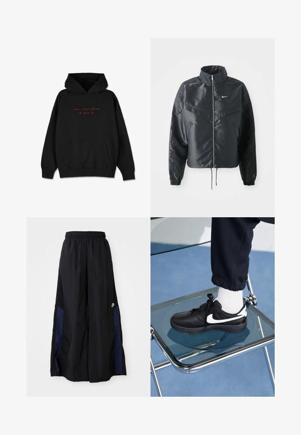 Black cropped jacket with high collar, zip closure, elastane cuffs, and a white Nike logo. Smooth, shiny fabric with a slightly textured surface.; Black hoodie made of soft fabric, featuring a front pocket, ribbed cuffs, and red embroidered text with flower accents on the chest.; Black wide-leg pants made of lightweight fabric, featuring a navy blue side panel and an elastic waistband. Small white logo on bottom.; Black Nike sneakers with white accents, featuring a smooth leather texture, lace-up design, and rounded toe, positioned on a glass chair.