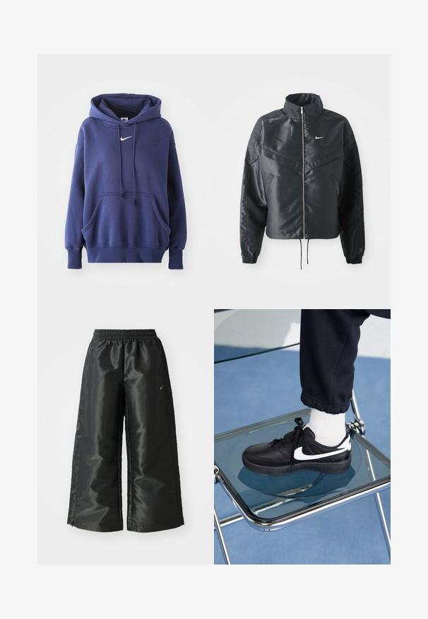 Černá zkrácená bunda s vysokým límcem, zipovým zapínáním, elastickými manžetami a bílým logem Nike. Hladká, lesklá látka s mírně strukturovaným povrchem.; Námořnická modrá mikina s kapucí vyrobená z měkké bavlněné směsi, která má přední kapsu, stahovací kapuci a bílý logo Nike na prsou.; Černé sportovní kalhoty z lesklé, hladké látky, s elastickým páskem, širokými nohavicemi a malým logem na levé straně.; Černé tenisky Nike s bílými akcenty, s hladkou koženou texturou, šněrovacím designem a zaoblenou špičkou, umístěné na skleněné židli.
