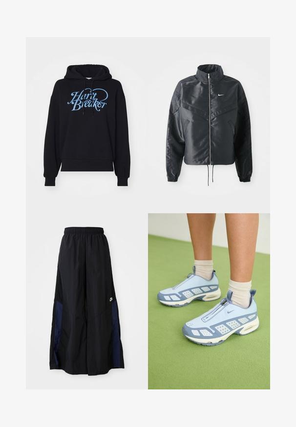 Schwarze, verkürzte Jacke mit hohem Kragen, Reißverschluss, Elastan-Ärmeln und einem weißen Nike-Logo. Glattes, glänzendes Material mit leicht strukturiertem Oberflächeneffekt.; Schwarzer Kapuzenpullover mit lockerem Schnitt, der auf der Vorderseite ein hellblaues "Heart Breaker"-Grafikdesign zeigt. Hergestellt aus weichem, strukturiertem Stoff.; Schwarze weit geschnittene Hose aus leichtem Stoff, mit einem dunkelblauen Seitenpanel und einem elastischen Bund. Kleines weißes Logo am unteren Ende.; Hellblaue Sportschuhe mit weißen Akzenten, strukturierten Bereichen und einem Reißverschluss. Sie verfügen über eine sichtbare Luftpolster-Sohle und eine Gummisohle.