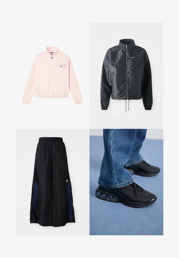 Giacca nera cropped con colletto alto, chiusura a zip, polsini in elastan e logo Nike bianco. Tessuto liscio e lucido con una superficie leggermente texturizzata.; Dickies PORT ALLEN - Felpa in pile - peach whip; Pantaloni neri a gamba larga realizzati in tessuto leggero, con un pannello laterale blu navy e una cintura elastica. Piccolo logo bianco sul fondo.; Scarpe da ginnastica nere con tomaia in rete, dettagli testurizzati e pod di ammortizzazione visibili nella suola. Indossate con jeans in denim blu.