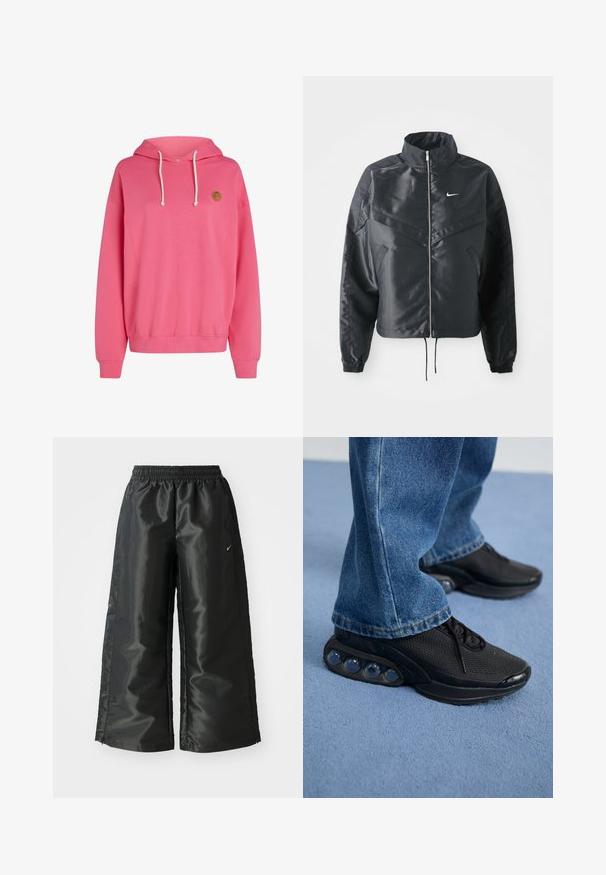 Giacca nera cropped con colletto alto, chiusura a zip, polsini in elastan e logo Nike bianco. Tessuto liscio e lucido con una superficie leggermente texturizzata.; Felpa rosa con grande tasca frontale, cappuccio con cordino, polsini e orlo a coste. Presenta un piccolo logo rotondo sul lato sinistro superiore.; Pantaloni sportivi neri con un tessuto lucido e morbido, dotati di una vita elasticizzata, gambe larghe e un piccolo logo sul lato sinistro.; Scarpe da ginnastica nere con tomaia in rete, dettagli testurizzati e pod di ammortizzazione visibili nella suola. Indossate con jeans in denim blu.