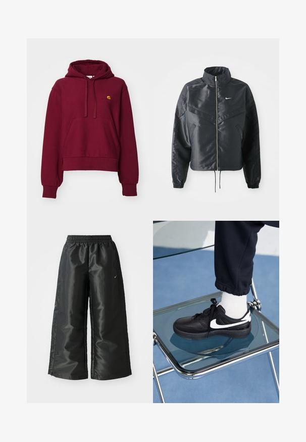 Veste noire courte avec col haut, fermeture éclair, poignets en élasthanne et logo Nike blanc. Tissu lisse et brillant avec une surface légèrement texturée.; Sweatshirt à capuche bordeaux en mélange de coton, avec une poche kangourou à l'avant, des poignets côtelés et un logo brodé sur la poitrine.; Pantalons de sport noirs en tissu brillant et lisse, avec une taille élastique, des jambes larges et un petit logo sur le côté gauche.; Baskets Nike noires avec des accents blancs, présentant une texture en cuir lisse, un design à lacets et un bout rond, placées sur une chaise en verre.