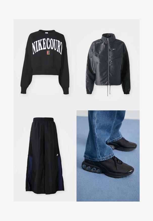 Casaco preto curto com colarinho alto, fecho de zip, punhos em elastano e um logótipo Nike branco. Tecido suave e brilhante com uma superfície ligeiramente texturizada.; Sweatshirt cropped preto com letras brancas "NIKECOURT". Apresenta mangas longas e um pequeno emblema colorido na parte frontal. Tecido macio.; Calças largas pretas feitas de tecido leve, com um painel lateral azul-marinho e cintura elástica. Pequeno logótipo branco na parte inferior.; Ténis atléticos pretos com parte superior em malha, detalhes texturizados e almofadas de amortecimento de ar visíveis na sola. Usados com uns jeans de ganga azuis.