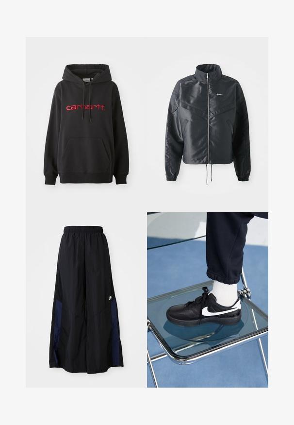Black cropped jacket with high collar, zip closure, elastane cuffs, and a white Nike logo. Smooth, shiny fabric with a slightly textured surface.; Black hoodie made of cotton blend, featuring a front pocket, ribbed cuffs, and a red embroidered "carhartt" logo on the chest.; Black wide-leg pants made of lightweight fabric, featuring a navy blue side panel and an elastic waistband. Small white logo on bottom.; Black Nike sneakers with white accents, featuring a smooth leather texture, lace-up design, and rounded toe, positioned on a glass chair.