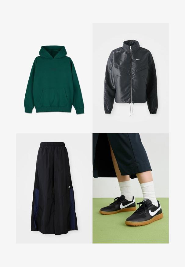 Casaco preto curto com colarinho alto, fecho de zip, punhos em elastano e um logótipo Nike branco. Tecido suave e brilhante com uma superfície ligeiramente texturizada.; Sweatshirt verde feito de mistura de algodão, com um bolso canguru à frente, punhos canelados e um corte descontraído. Logo discreto no peito.; Calças largas pretas feitas de tecido leve, com um painel lateral azul-marinho e cintura elástica. Pequeno logótipo branco na parte inferior.; Sapatilhas pretas em couro e sintético com o logo da Nike em branco, sola de borracha tipo goma, bico redondo e atacadores pretos. Meias brancas com frunces visíveis.
