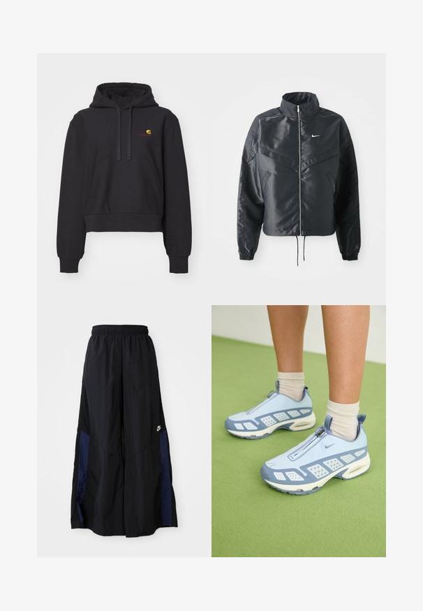Veste noire courte avec col haut, fermeture éclair, poignets en élasthanne et logo Nike blanc. Tissu lisse et brillant avec une surface légèrement texturée.; Hoodie noir court en tissu doux, avec une poche kangourou, une capuche à cordon de serrage et un logo brodé en jaune et rouge.; Pantalons larges noirs en tissu léger, avec un panneau latéral bleu marine et une taille élastique. Petit logo blanc en bas.; Baskets de sport bleu clair avec des accents blancs, des panneaux texturés et une fermeture éclair. Dotées d'une semelle avec coussin d'air visible et d'une semelle en caoutchouc.